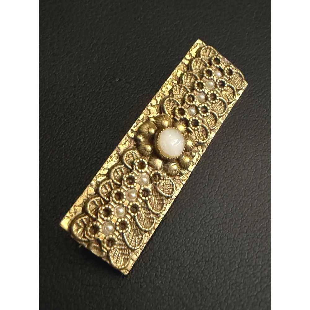 Vintage Bar Brooch Filigree Victorian Revival Gold Tone READ